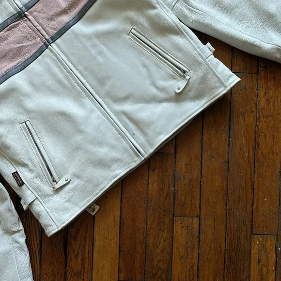 VTG 1990s Hot Leathers Motorcycle CAFE RACER Jacket XL White Pink RACING Stripe‎